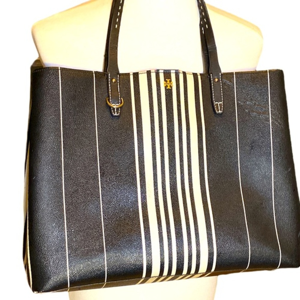 TORY BURCH Kerrington Large Striped Dark navy blue almost black